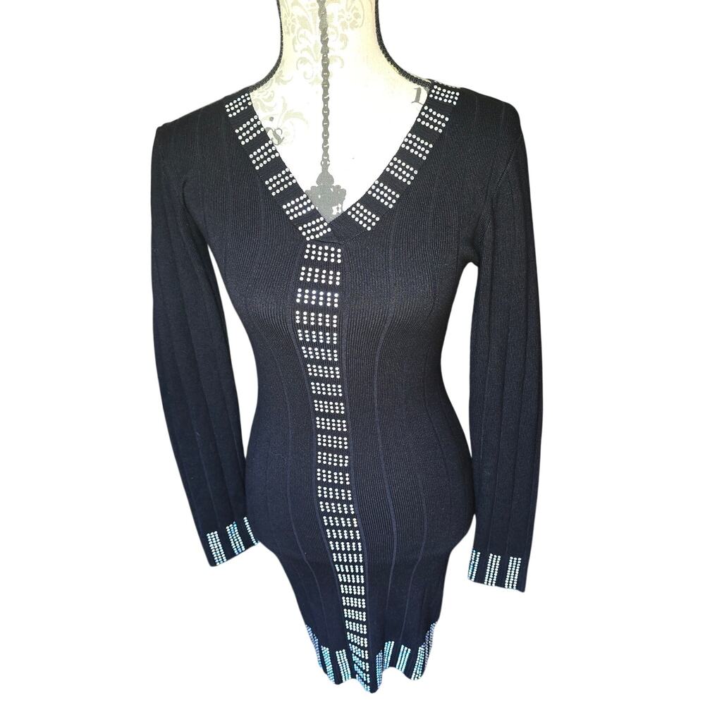 Y2k Style Black Rhinestone Bodycon Sweater Dress V-Neck Venus Size XS